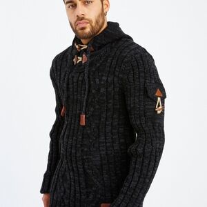 Leif Nelson Chunky Cable Knit Slim Fisherman Hooded Pullover Sweater Size XL